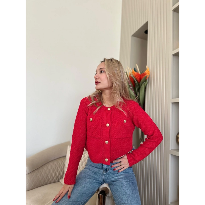 Kadın Gold Düğme Detaylı Cepli Hırka Kırmızı