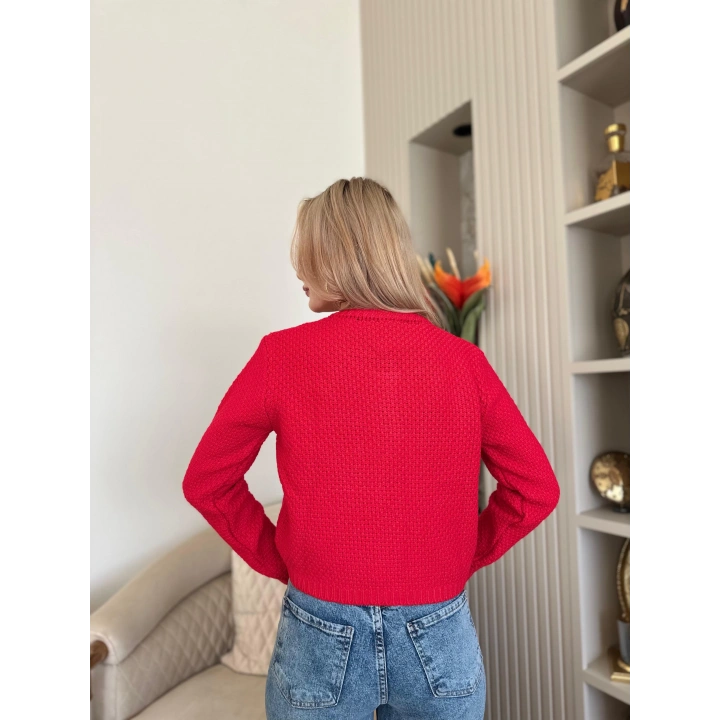 Kadın Gold Düğme Detaylı Cepli Hırka Kırmızı