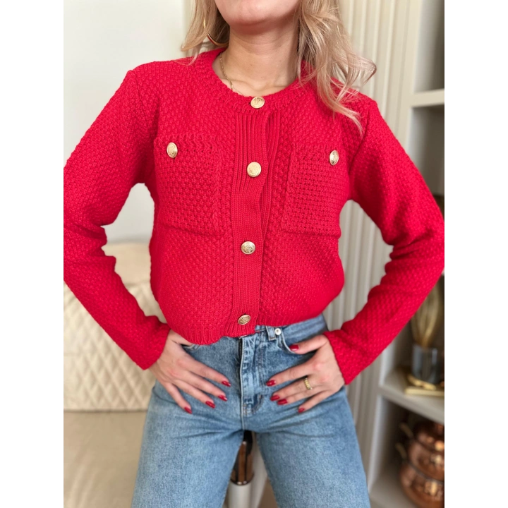 Kadın Gold Düğme Detaylı Cepli Hırka Kırmızı