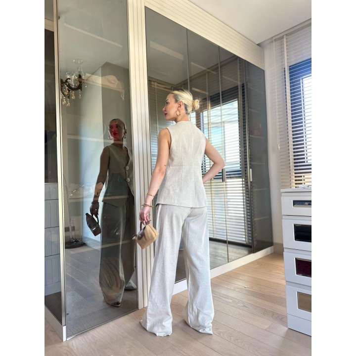 Kadın Gold Düğme Detaylı Keten Yelek Takım Bej