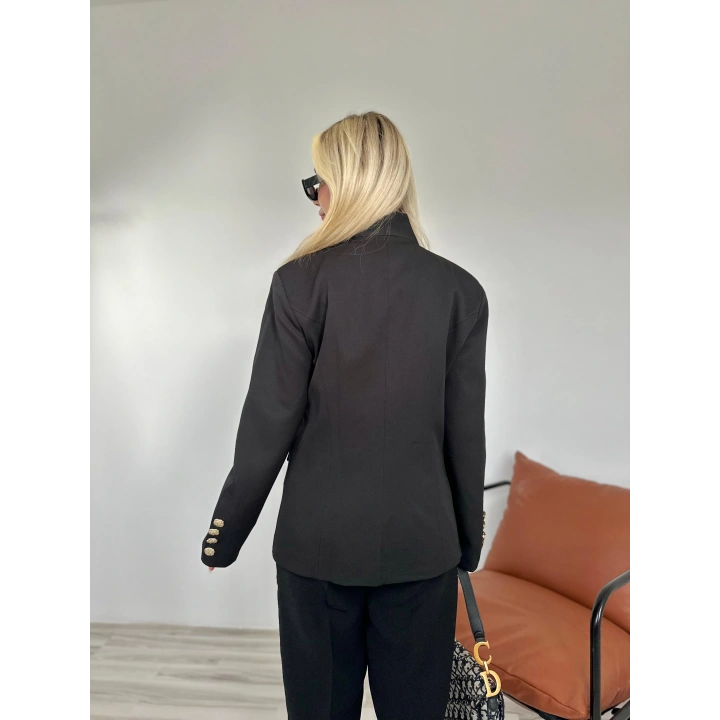 Kadın Gold Düğmeli Hakim Yaka Blazer Ceket Siyah