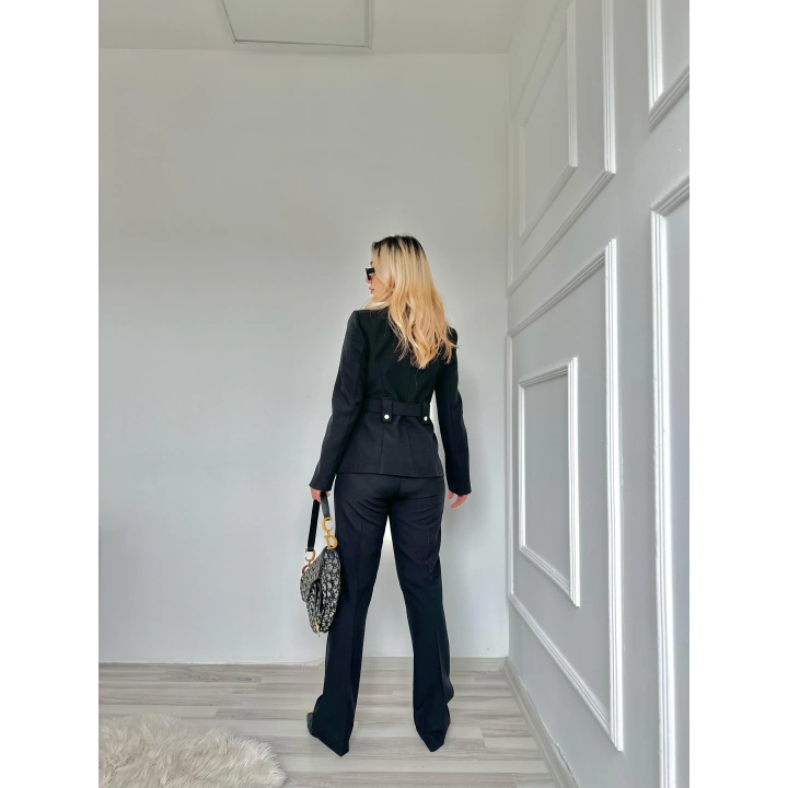 Kadın Gold Kemerli Ceket Pantolon Takım Siyah