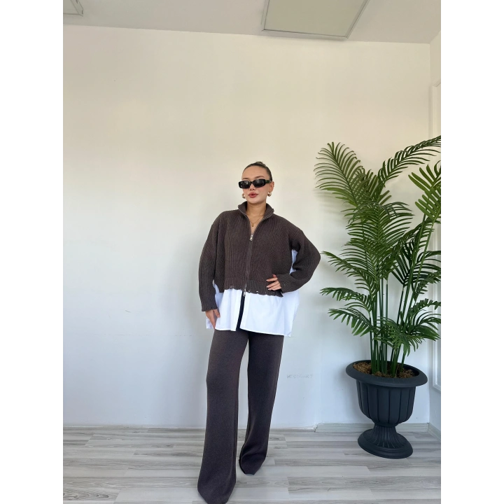 Kadın Gömlek Detaylı Pantolon Triko Takım Vizon