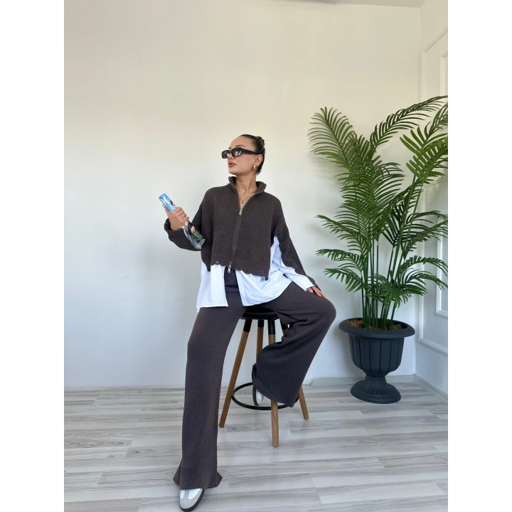 Kadın Gömlek Detaylı Pantolon Triko Takım Vizon