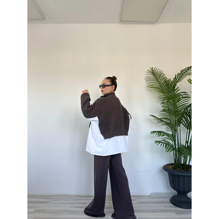 Kadın Gömlek Detaylı Pantolon Triko Takım Vizon