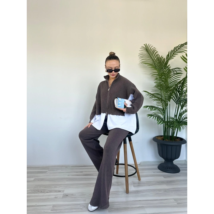 Kadın Gömlek Detaylı Pantolon Triko Takım Vizon