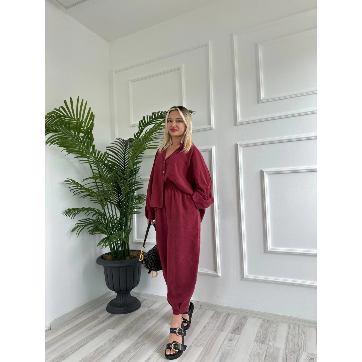 Kadın Gömlek Pantolon Takım Bordo