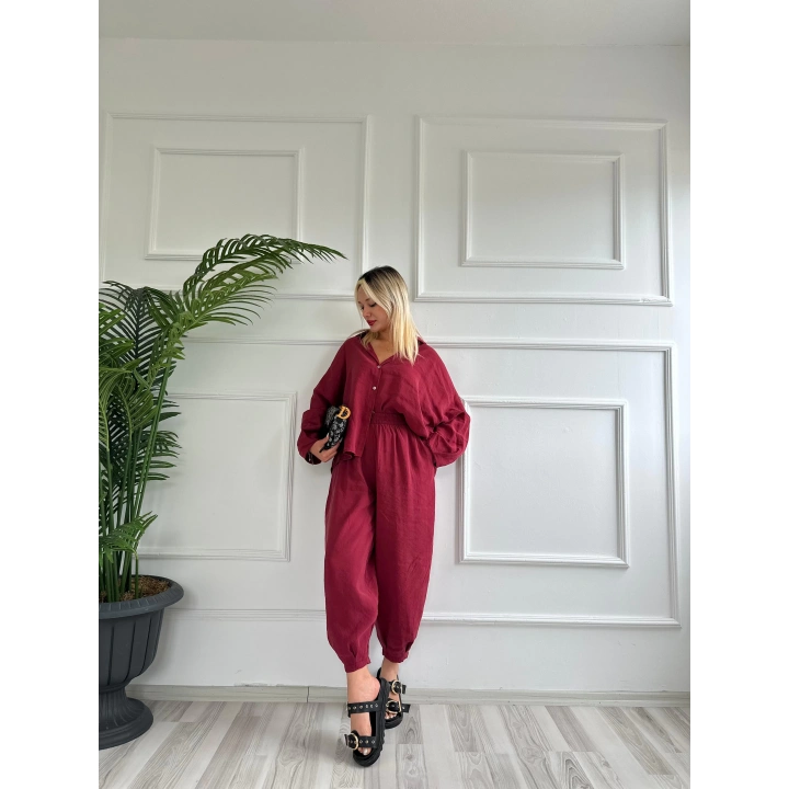 Kadın Gömlek Pantolon Takım Bordo