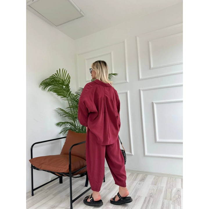Kadın Gömlek Pantolon Takım Bordo