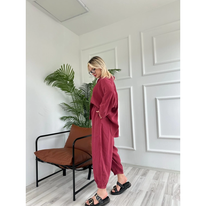 Kadın Gömlek Pantolon Takım Bordo