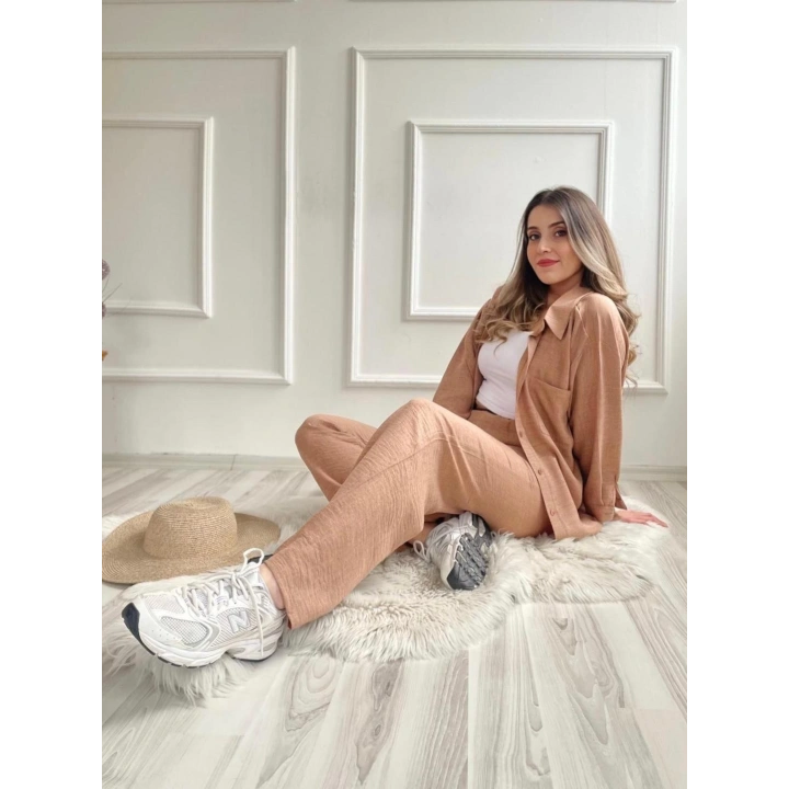 Kadın Gömlek Ve Pantolon İkili Takım Camel