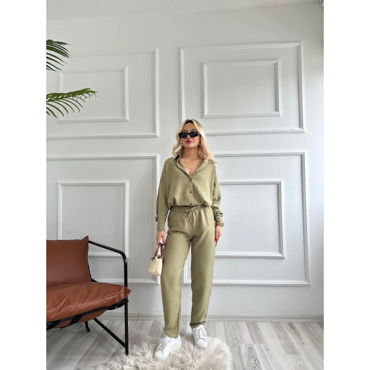 Kadın İkili Keten Takım Haki