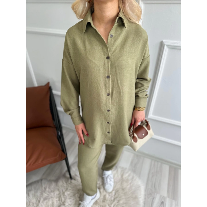 Kadın İkili Keten Takım Haki