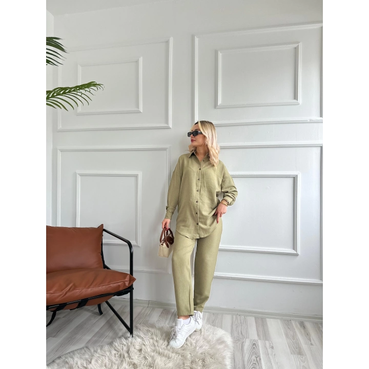 Kadın İkili Keten Takım Haki