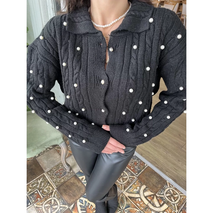 Kadın İnci Detaylı Triko Hırka Siyah