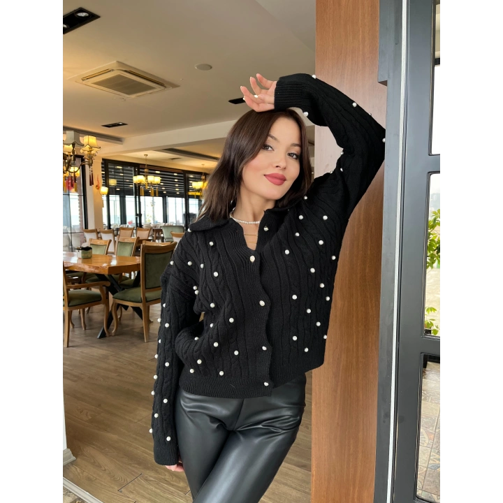 Kadın İnci Detaylı Triko Hırka Siyah