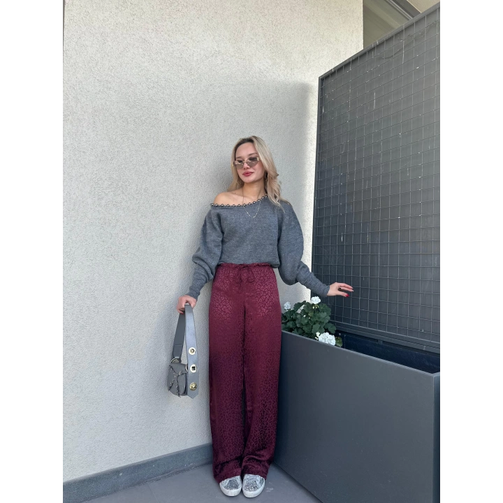 Kadın Jakarlı Geniş Paça Pantolon Bordo