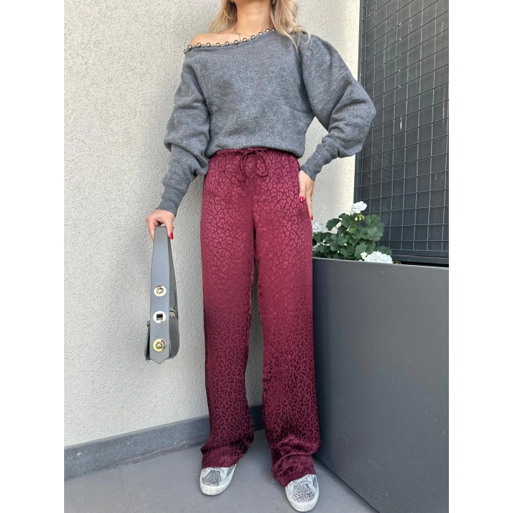Kadın Jakarlı Geniş Paça Pantolon Bordo