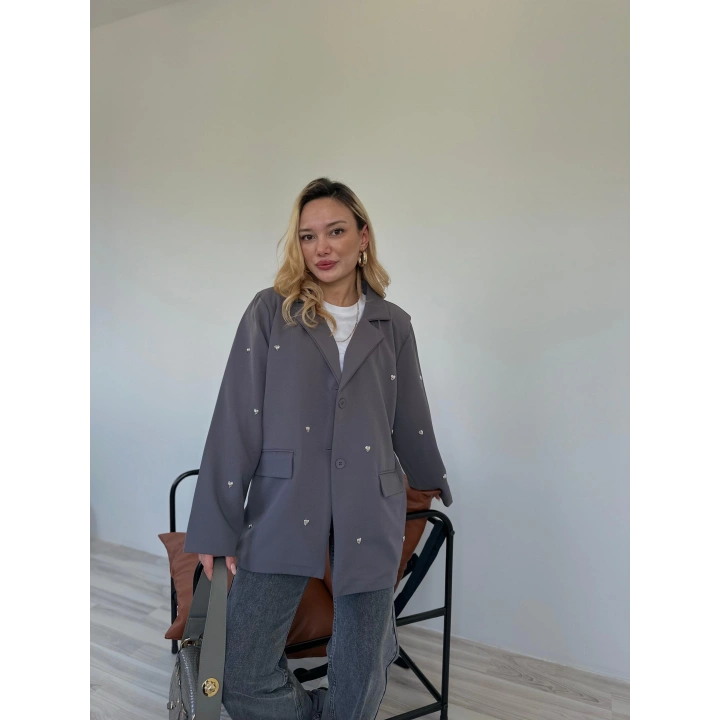 Kadın Kalp Detaylı Blazer Ceket Gri