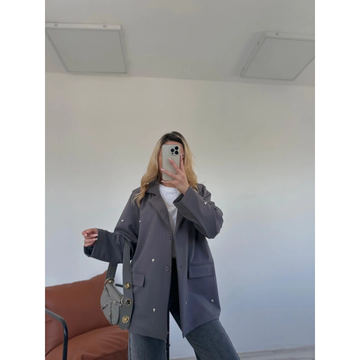 Kadın Kalp Detaylı Blazer Ceket Gri