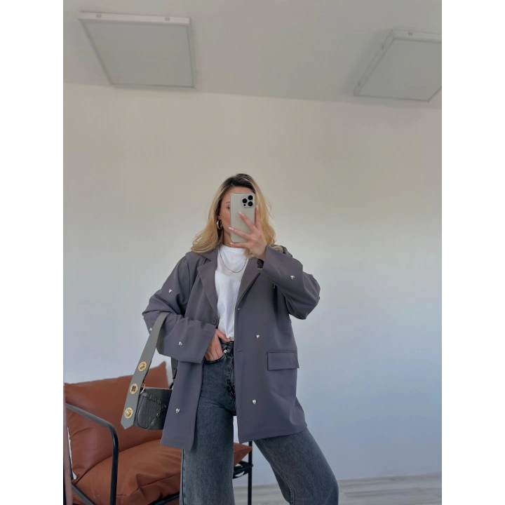 Kadın Kalp Detaylı Blazer Ceket Gri