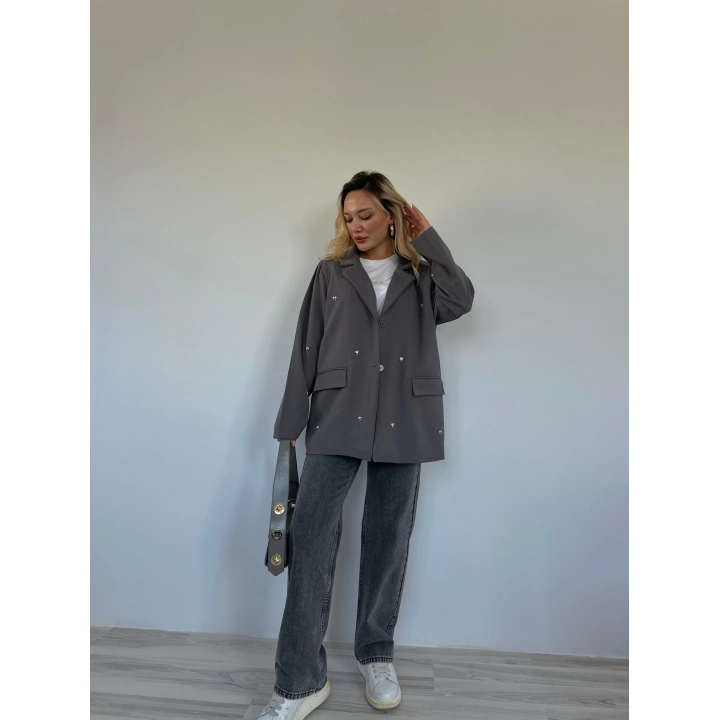 Kadın Kalp Detaylı Blazer Ceket Gri