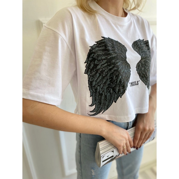 Kadın Kanat Baskılı Tişört Beyaz