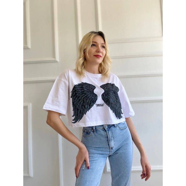 Kadın Kanat Baskılı Tişört Beyaz