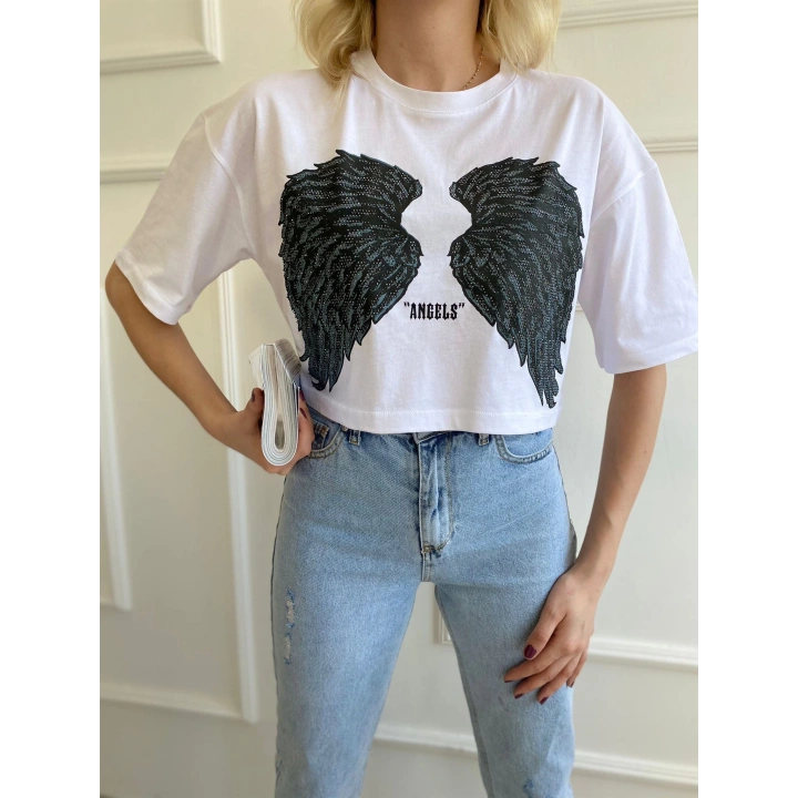Kadın Kanat Baskılı Tişört Beyaz