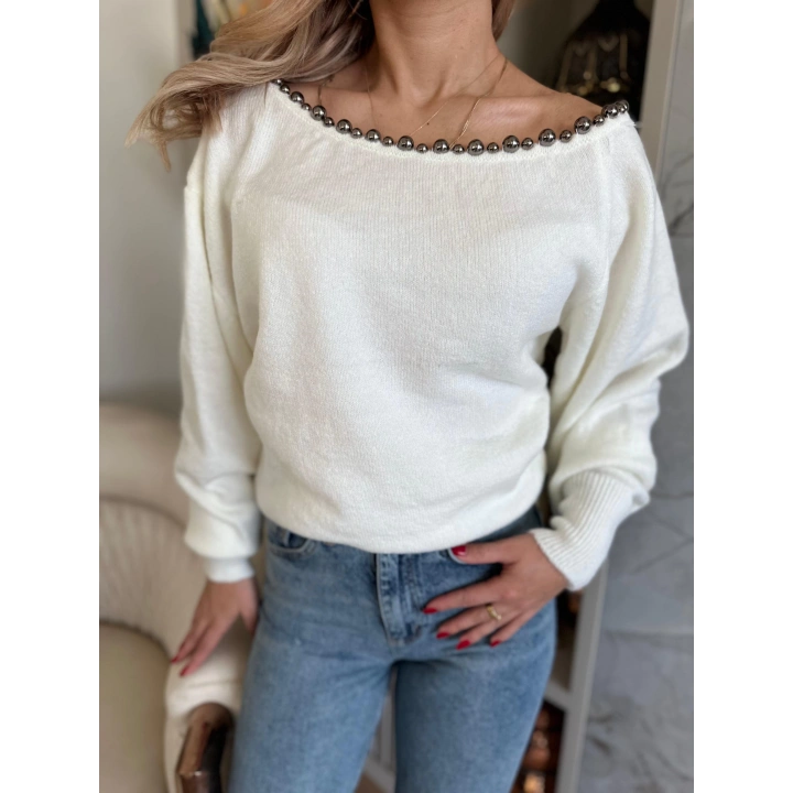 Kadın Kayık Yaka Boncuk Detaylı Kazak Ekru