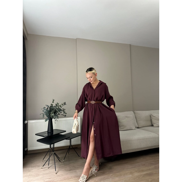 Kadın Kemer Detaylı Gömlek Elbise Bordo