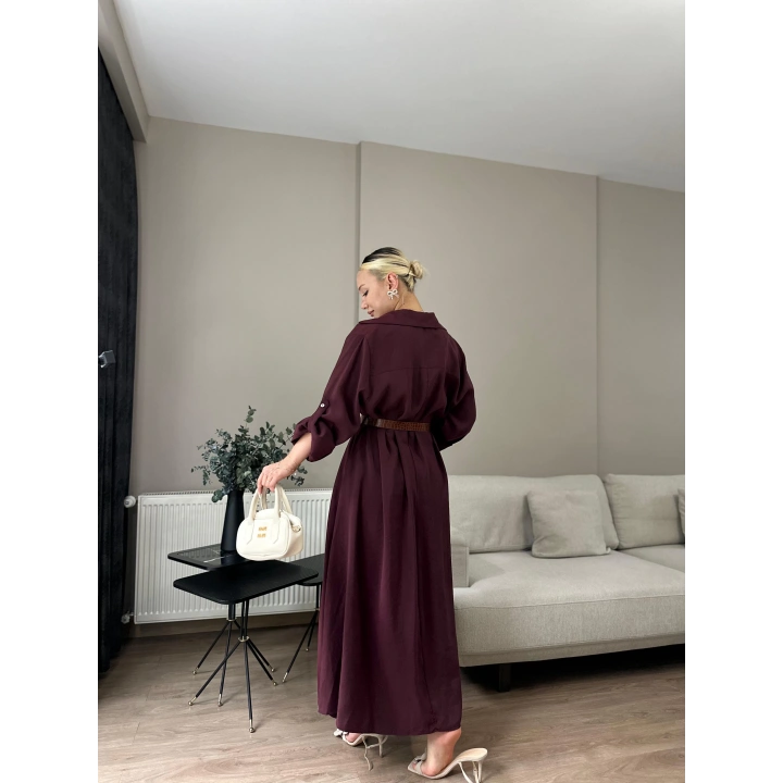 Kadın Kemer Detaylı Gömlek Elbise Bordo