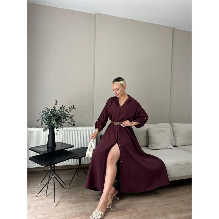 Kadın Kemer Detaylı Gömlek Elbise Bordo