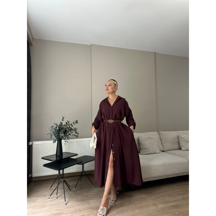 Kadın Kemer Detaylı Gömlek Elbise Bordo