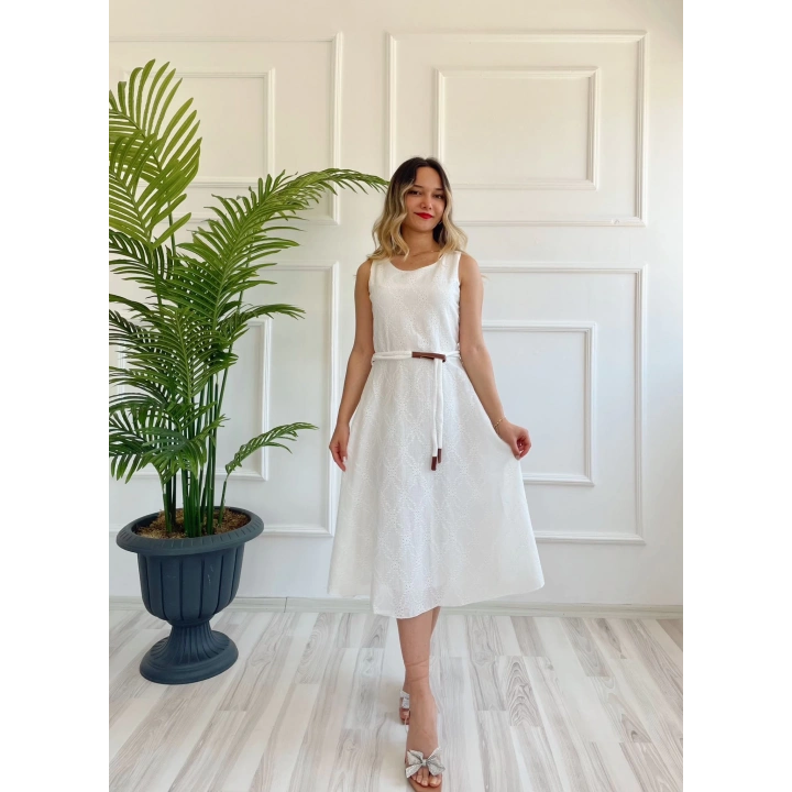 Kadın Kemerli Fisto Elbise Ekru