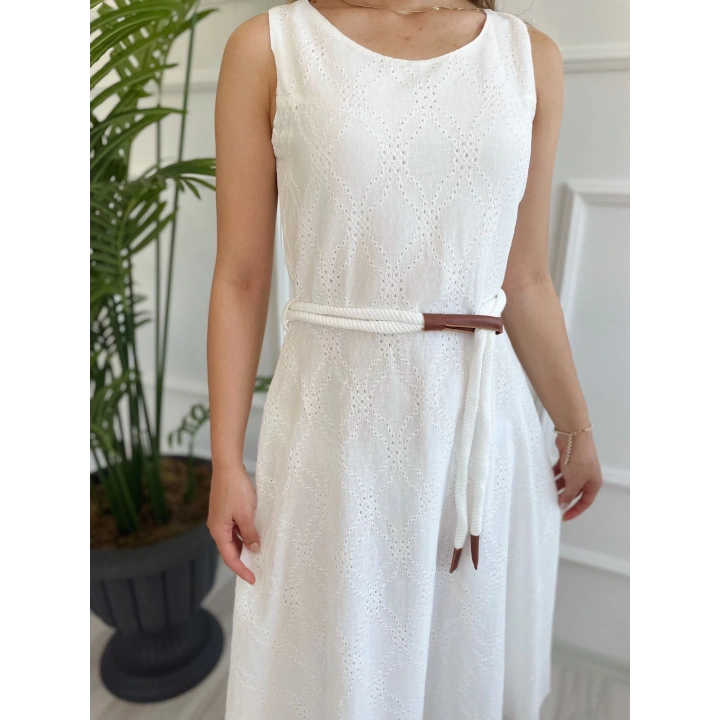 Kadın Kemerli Fisto Elbise Ekru