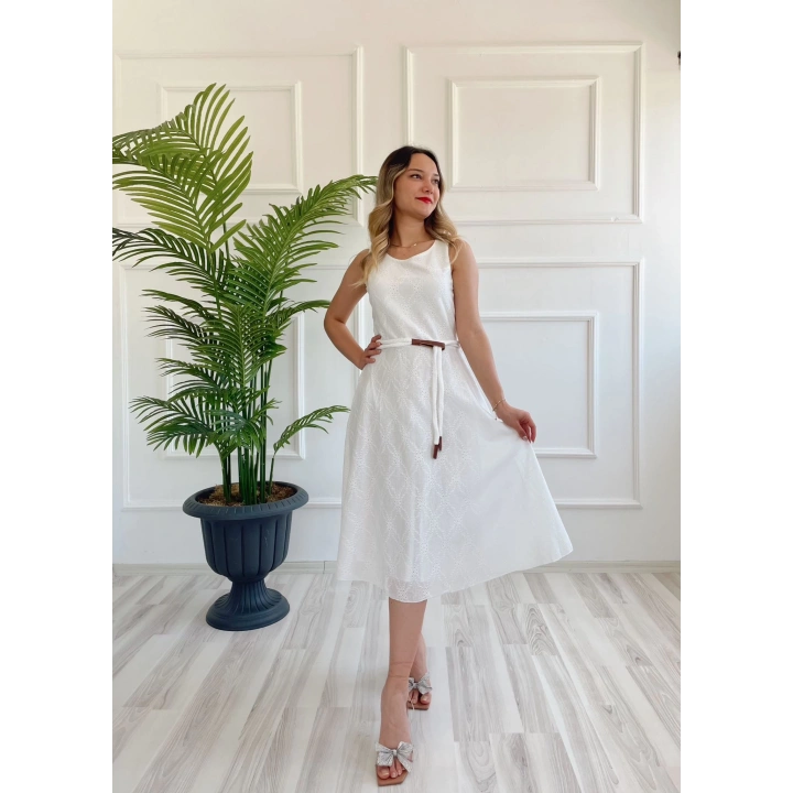 Kadın Kemerli Fisto Elbise Ekru