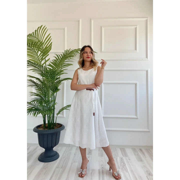 Kadın Kemerli Fisto Elbise Ekru