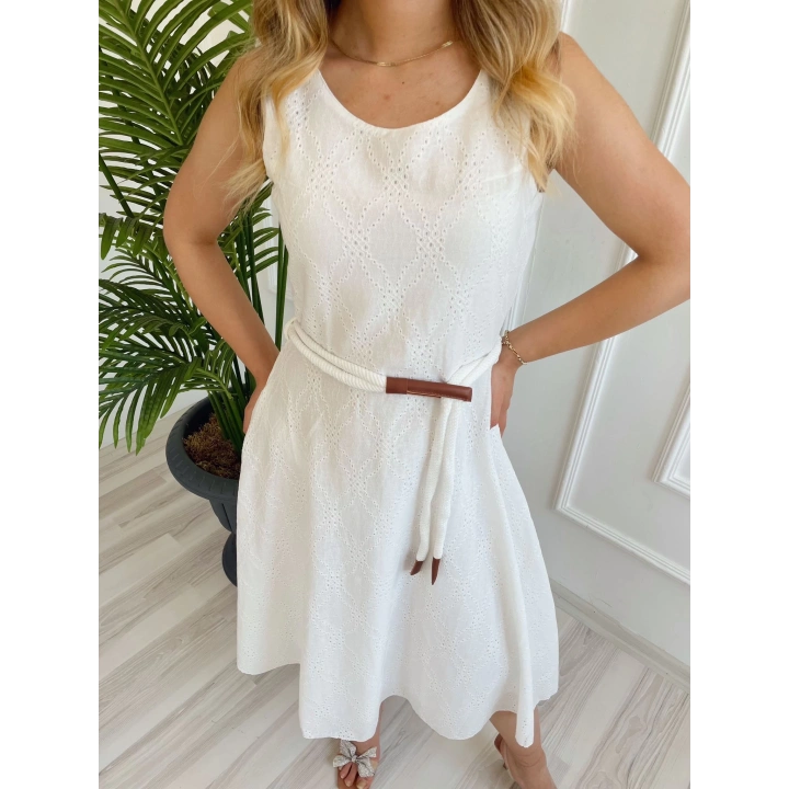 Kadın Kemerli Fisto Elbise Ekru