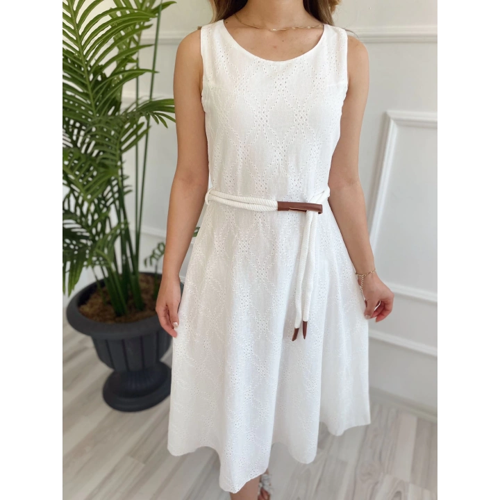 Kadın Kemerli Fisto Elbise Ekru