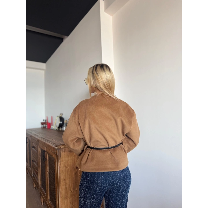 Kadın Kemerli Kaşe Hırka Camel
