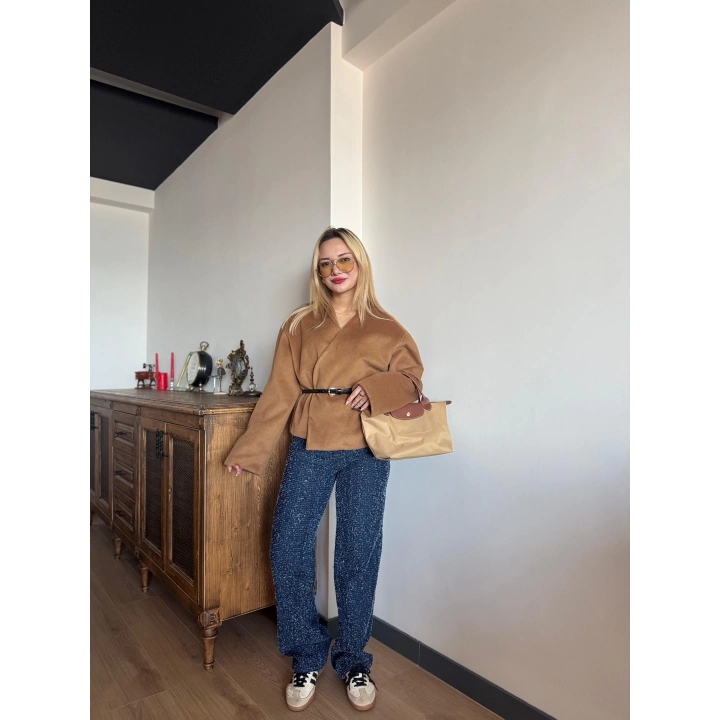 Kadın Kemerli Kaşe Hırka Camel