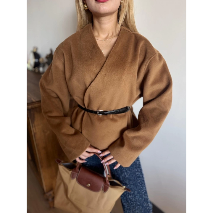 Kadın Kemerli Kaşe Hırka Camel