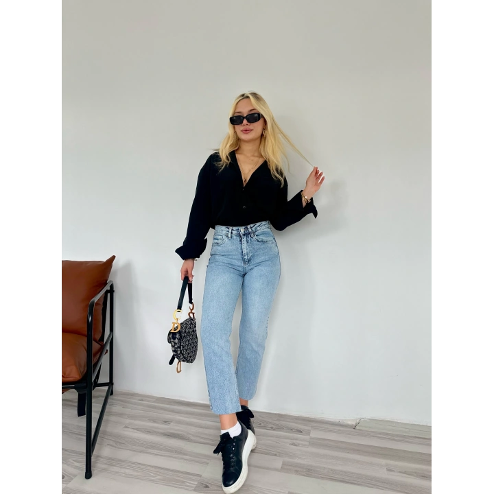 Kadın Kesik Paça Boyfit Jean Mavi