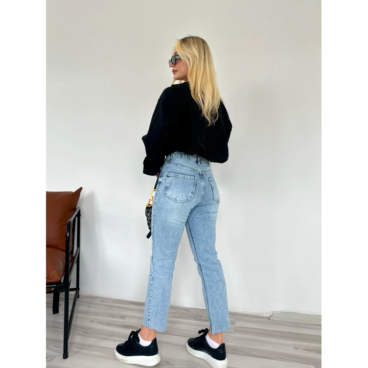 Kadın Kesik Paça Boyfit Jean Mavi