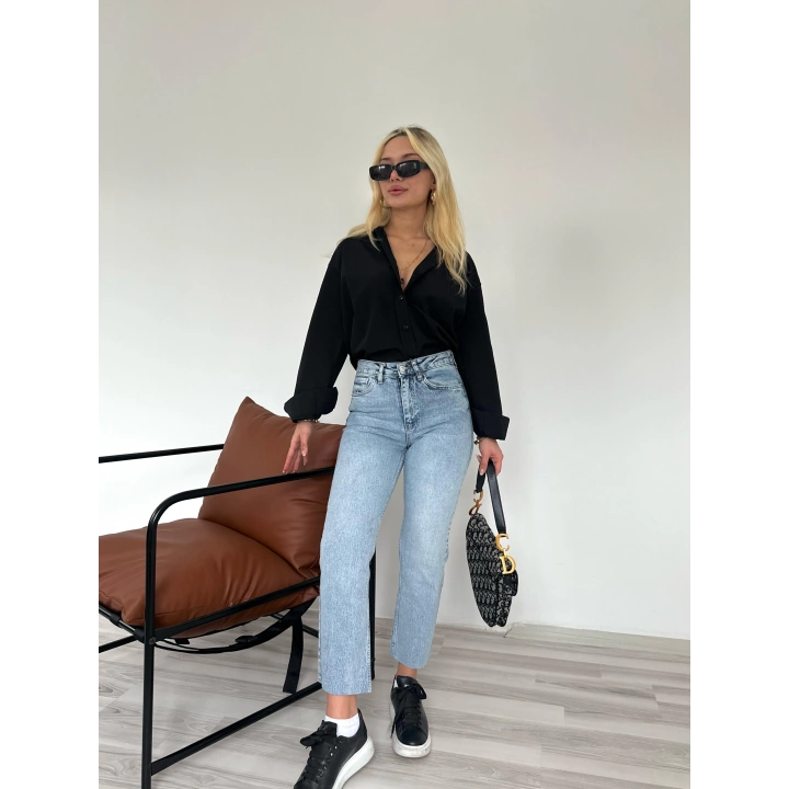 Kadın Kesik Paça Boyfit Jean Mavi