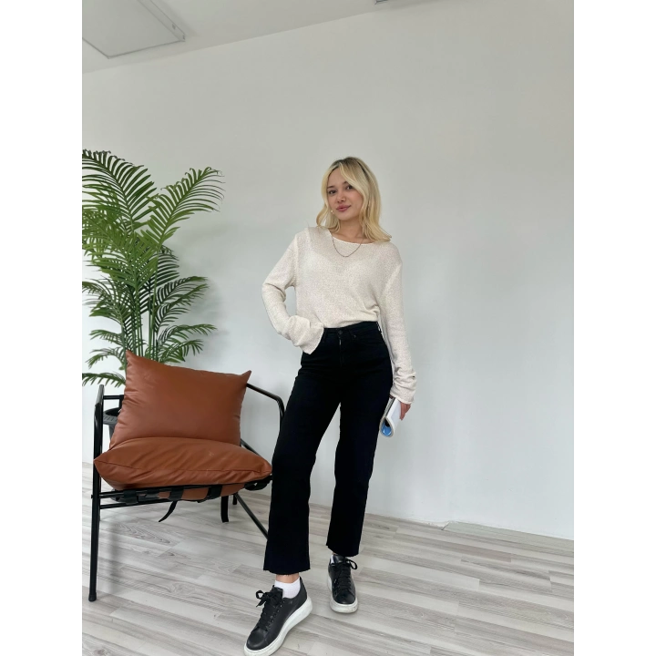 Kadın Kesik Paça Boyfit Jean Siyah