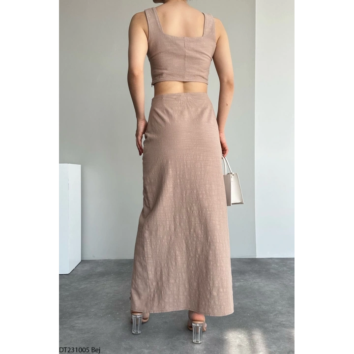 Kadın Keten Bluz Ve Etek İkili Takım Bej