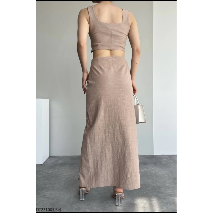 Kadın Keten Bluz Ve Etek İkili Takım Bej