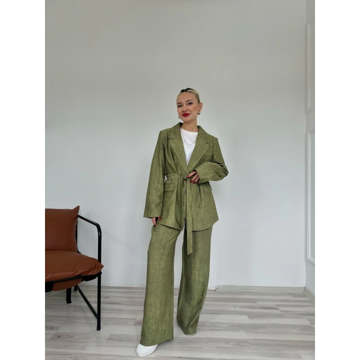 Kadın Keten Ceket Pantolon Takım Haki